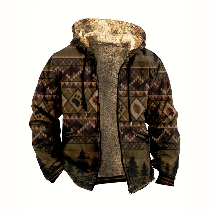 Men's Paw Print Tree And Geometric Graphic Pattern Hooded Long Sleeve Jacket