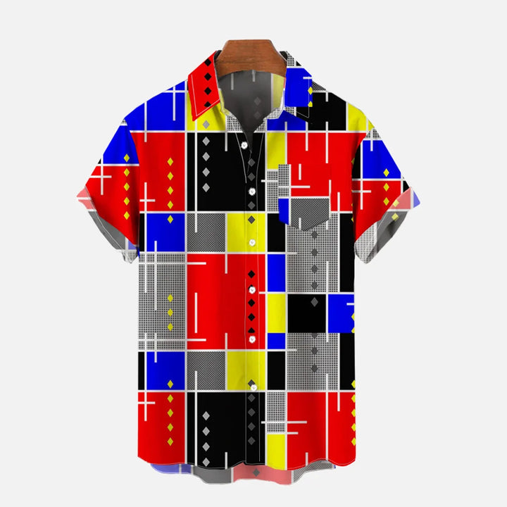 Vintage Art Color Blocks and Lines Pattern Printing Breast Pocket Short Sleeve Shirt