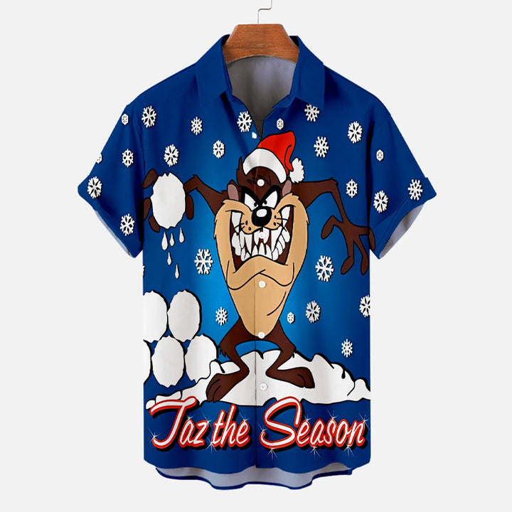 Men's Classic Christmas Snowflake Cartoon Big Mouth Monster Short Sleeve Shirt