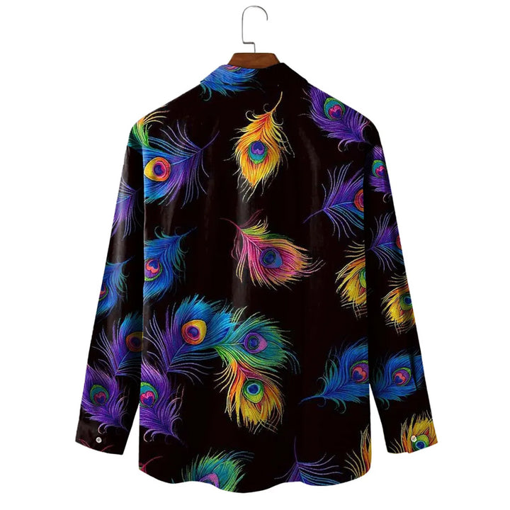 Men's Rainbow Peacock Feather Print Casual Vacation Long Sleeve Shirt