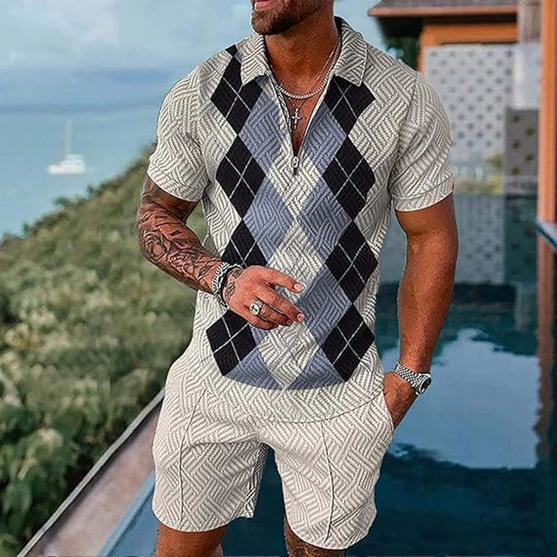 Men's Fashion Argyle Graphic Shirt Shorts Set