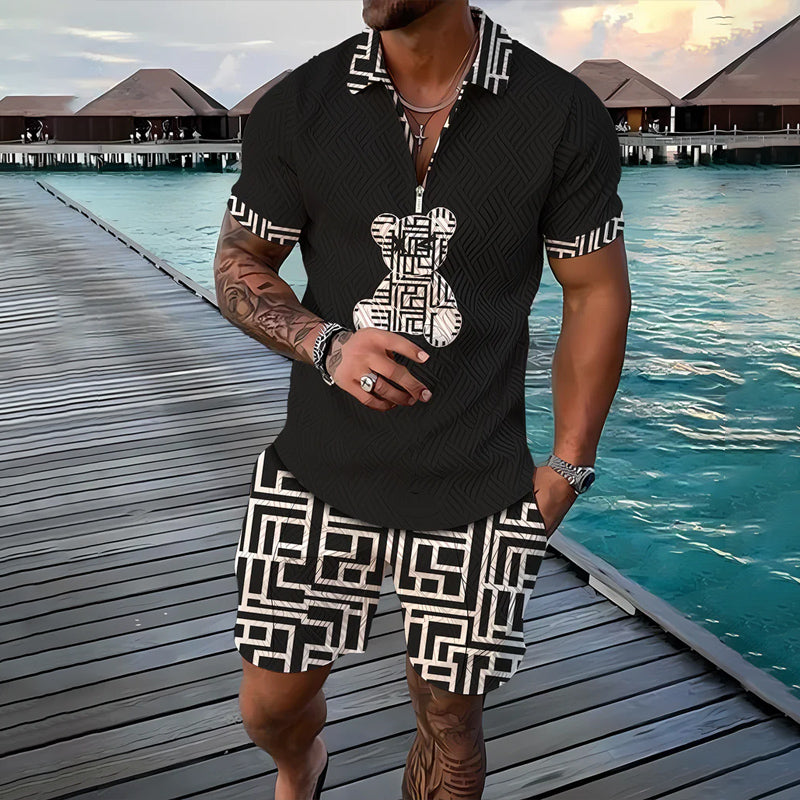 Men's Teddy Printed Polo Shirt and Shorts 2PCS Set