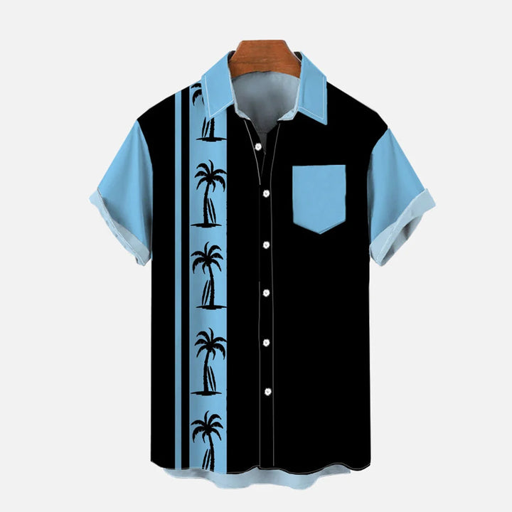 Men's Retro Blue And Black Striped Coconut Tree Printing Shirt