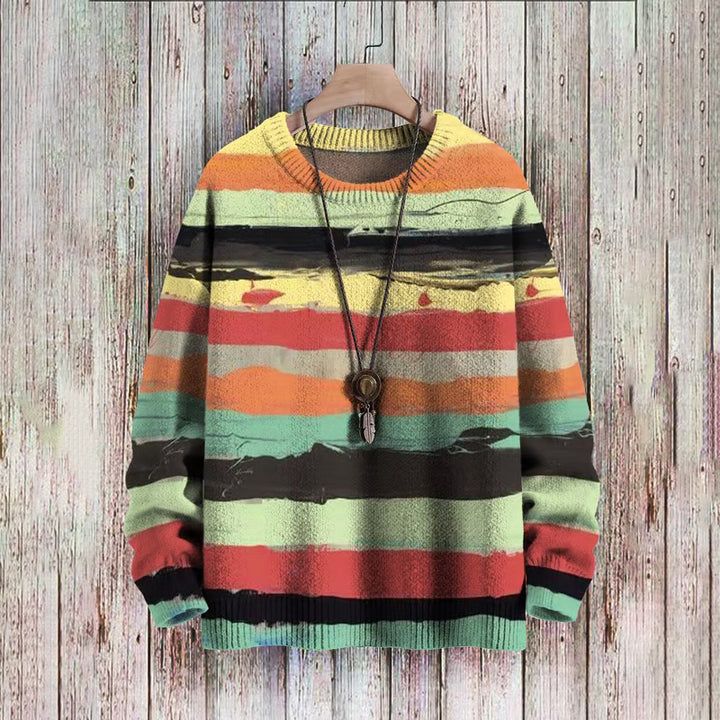 Simple Striped Art Knit Pullover Print Casual Sweatshirt