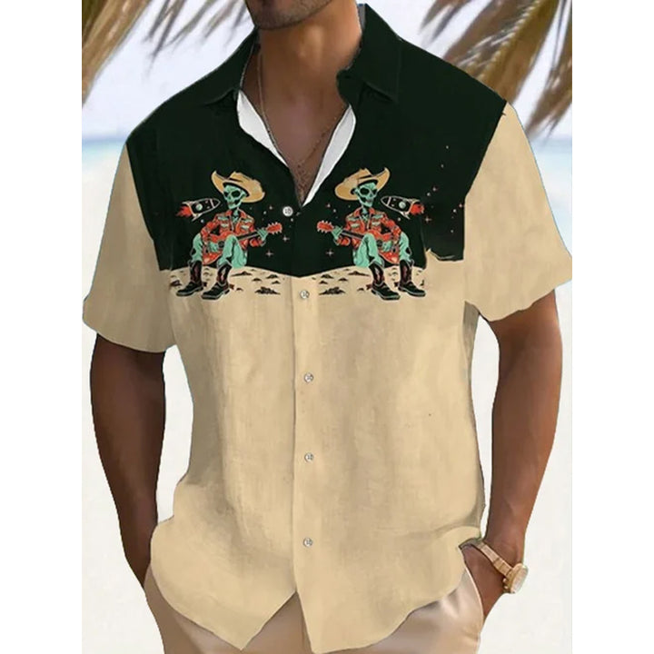 Men's Western Retro Alien Cowboy Print Shirt