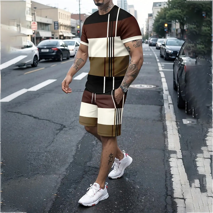 Mens Colorblock Print Short Sleeve T-shirt & Shorts Set