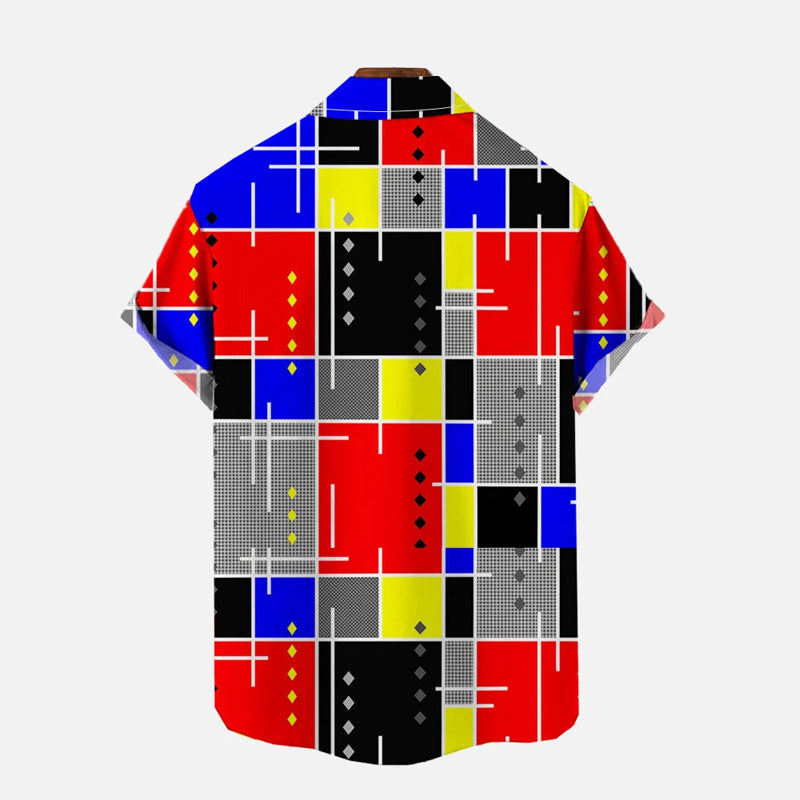 Vintage Art Color Blocks and Lines Pattern Printing Breast Pocket Short Sleeve Shirt