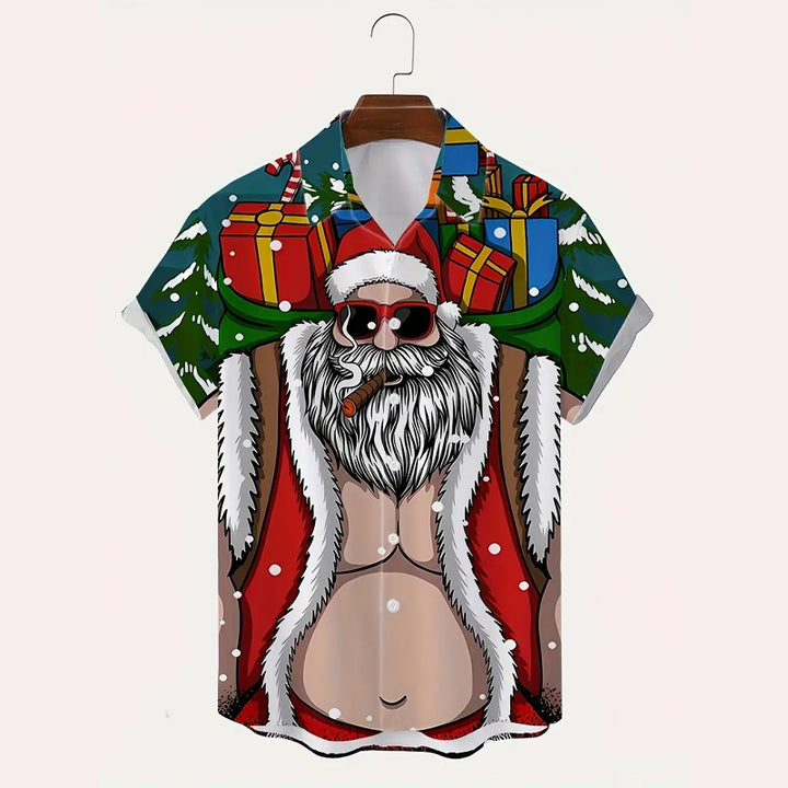 Men's Cartoon Santa Claus Print Short Sleeve Shirt