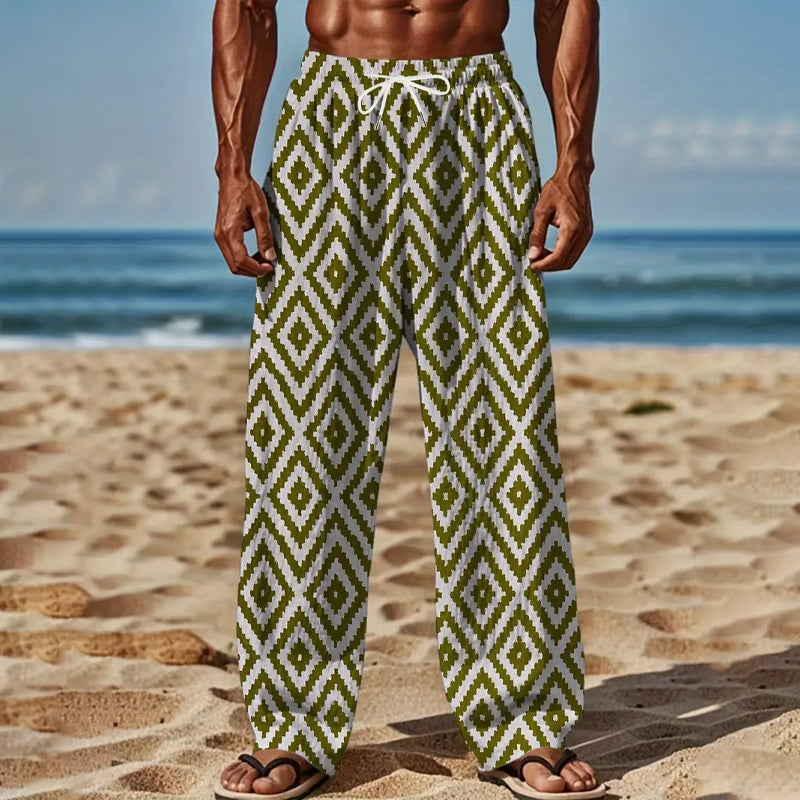 Men's Allover Rhombus Print Pants With Drawstring