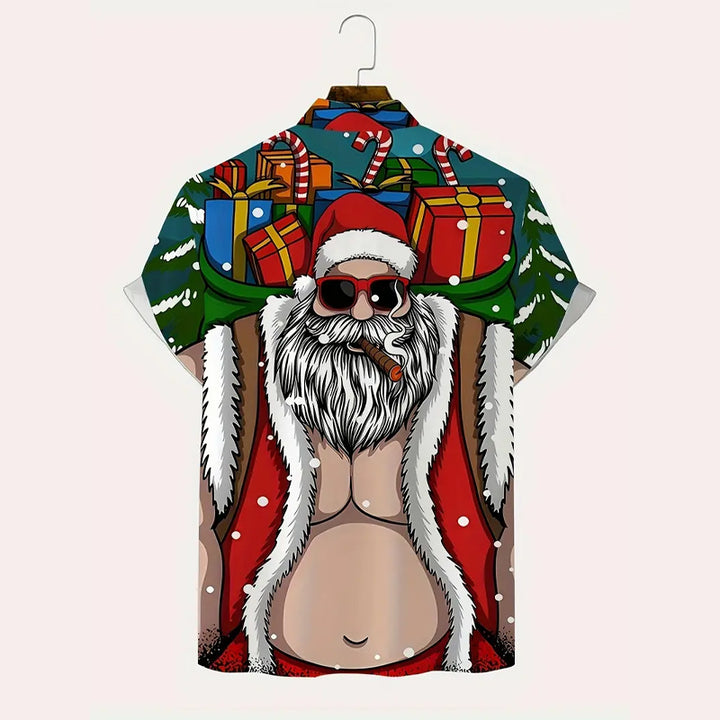 Men's Cartoon Santa Claus Print Short Sleeve Shirt