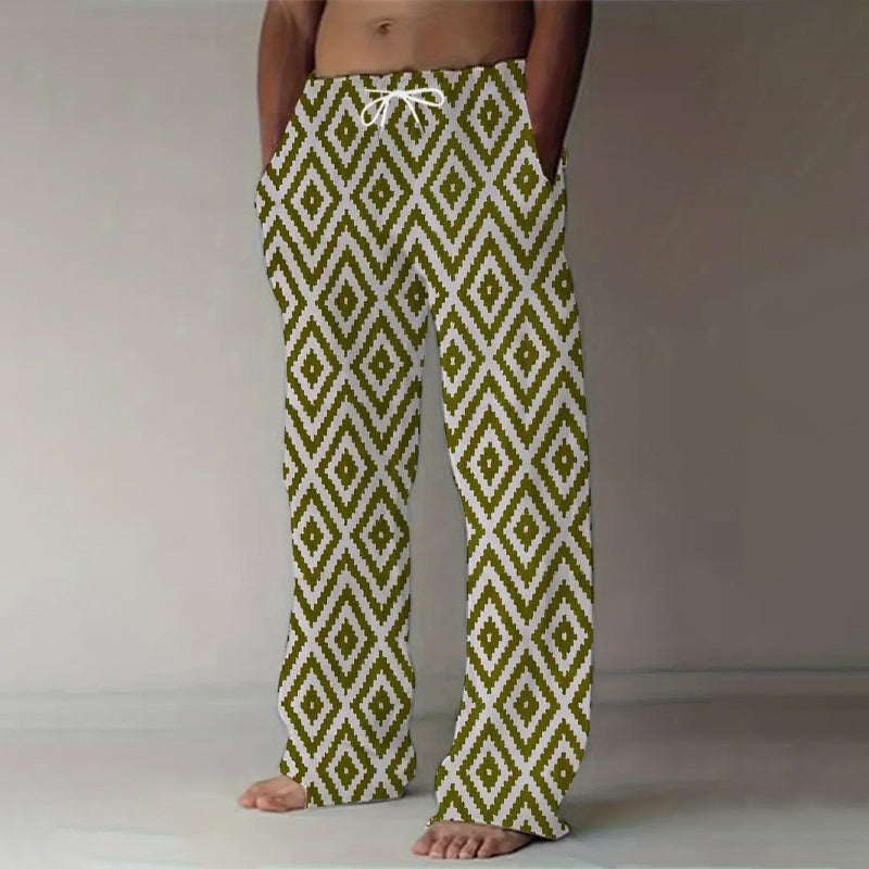 Men's Allover Rhombus Print Pants With Drawstring