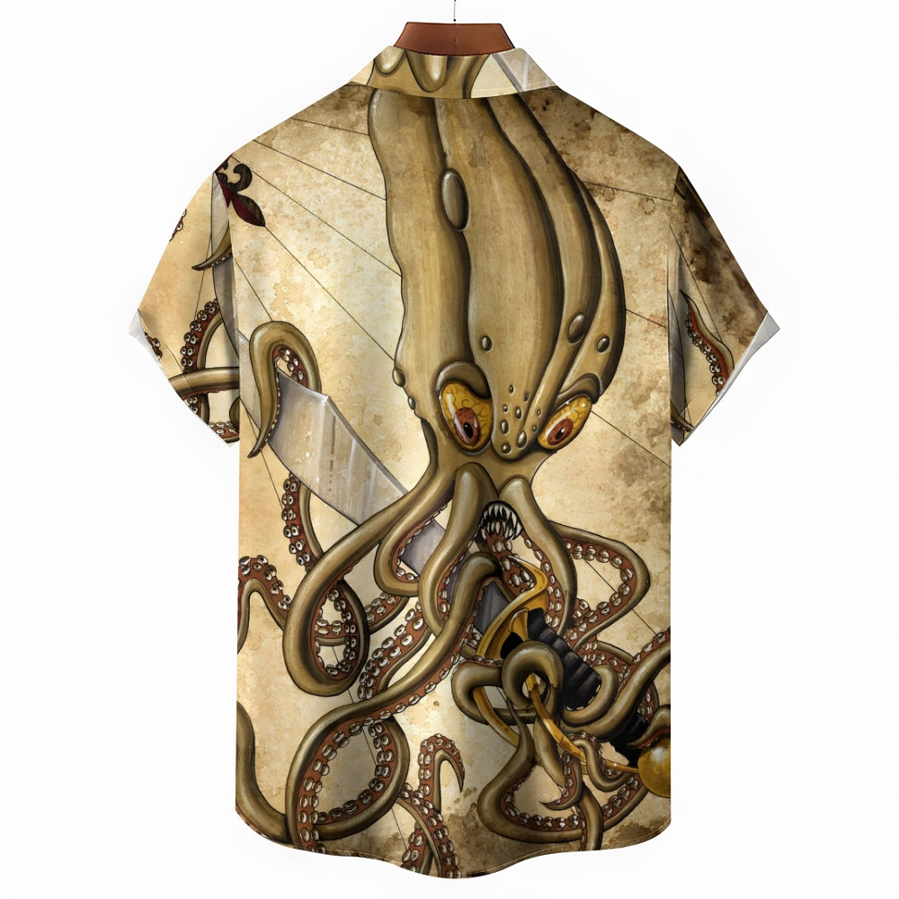 Sea Monster and Knife Print Casual Short Sleeve Shirt 2412005911