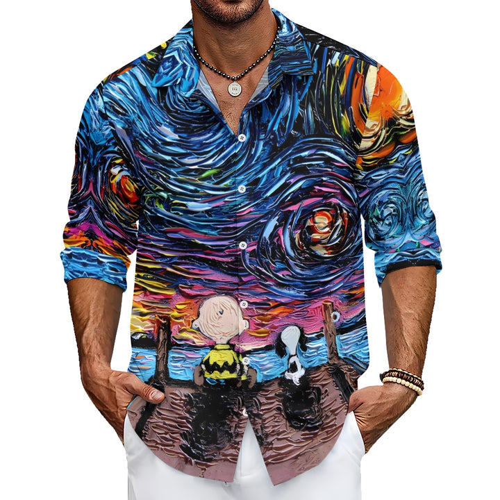 Starry Sky Cartoon Character Casual Printed Long Sleeve Shirt