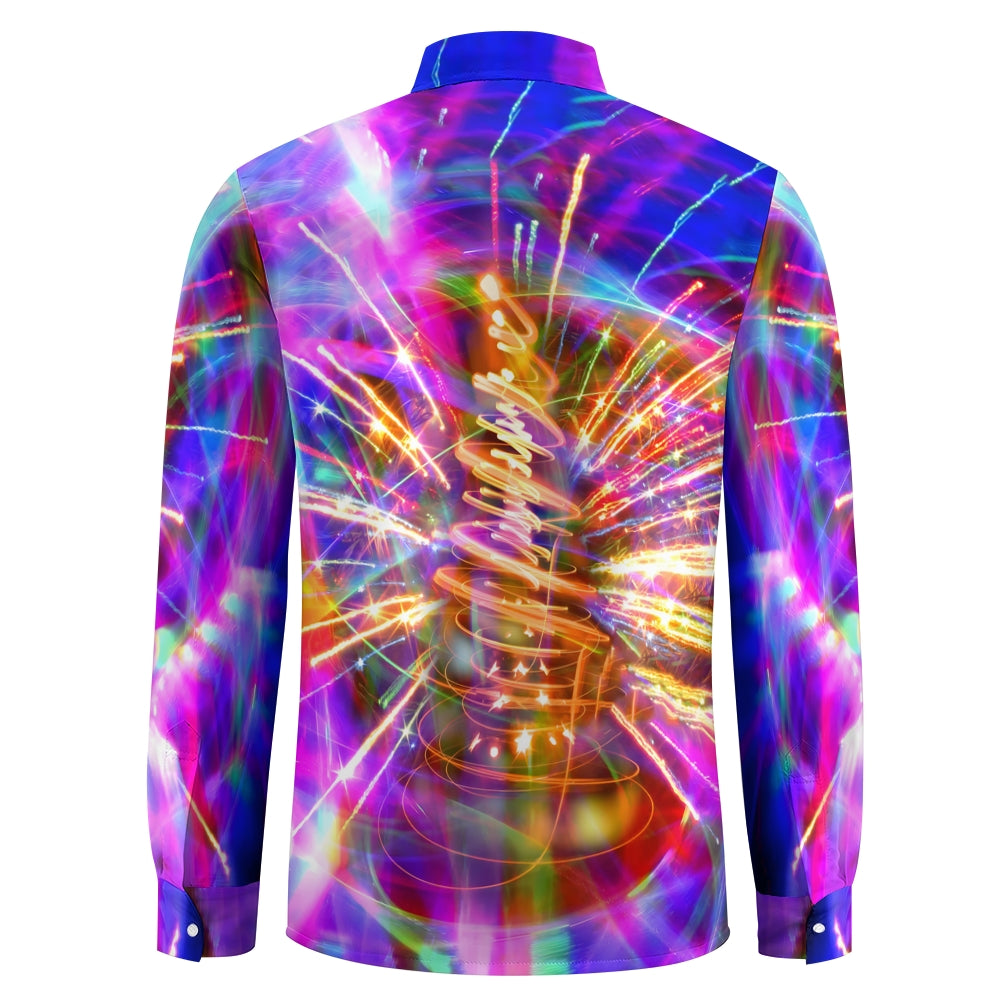 Sparkling Fireworks Christmas Tree Printed Long Sleeve Shirt 2410006426