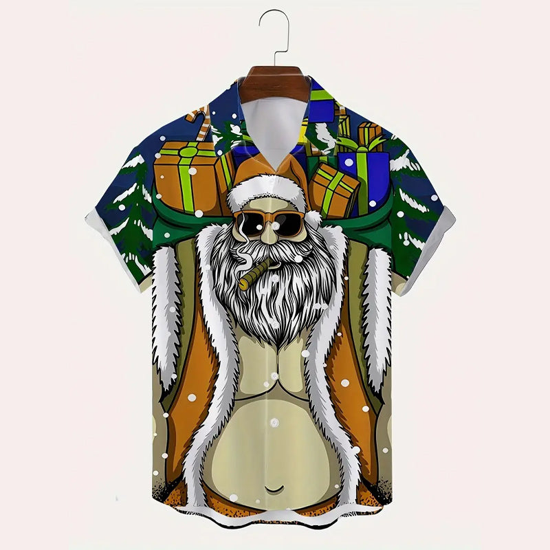 Men's Cartoon Santa Claus Print Short Sleeve Shirt