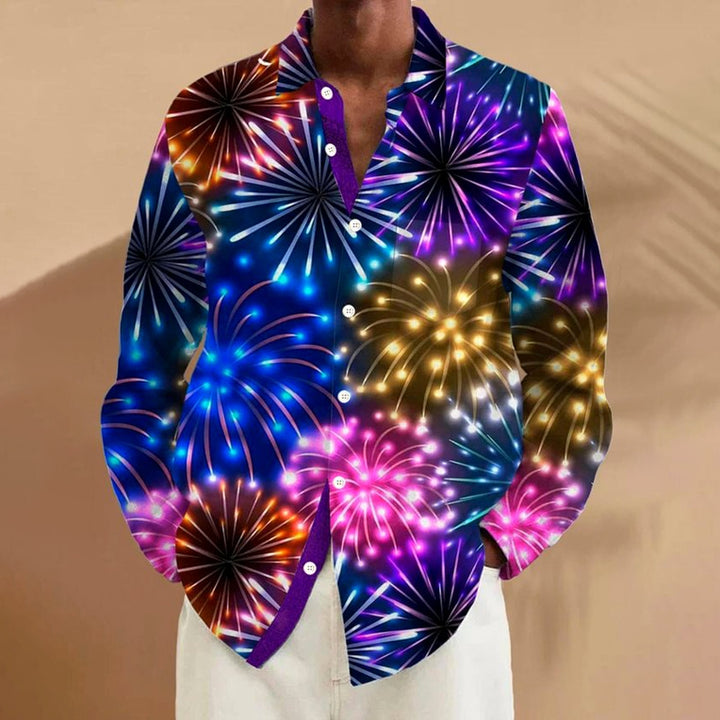 Men's Christmas Fireworks Gradient 3D Digital Print Long Sleeve Shirt 2412002732