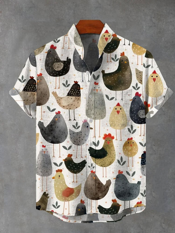 Men's Funny Cartoon Rooster Print Short Sleeve Shirt