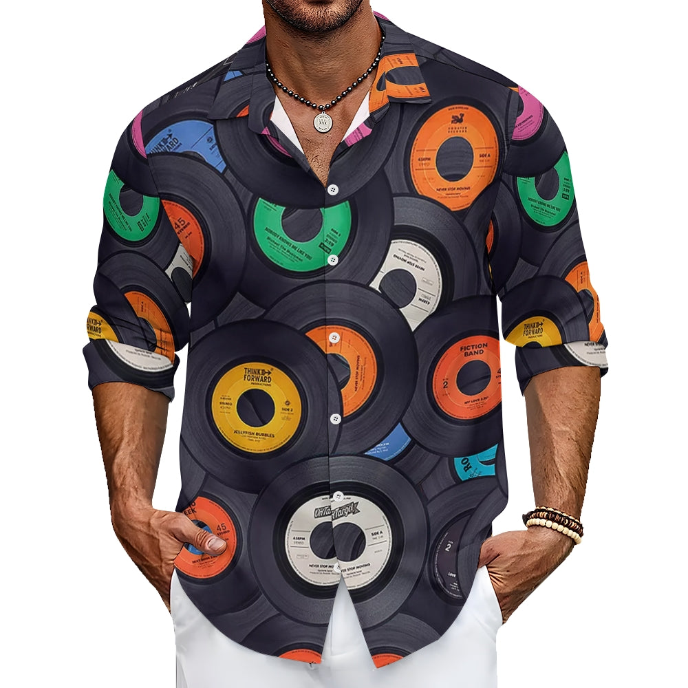 Men's Vinyl Records Casual Printed Long Sleeve Shirt 2402000112