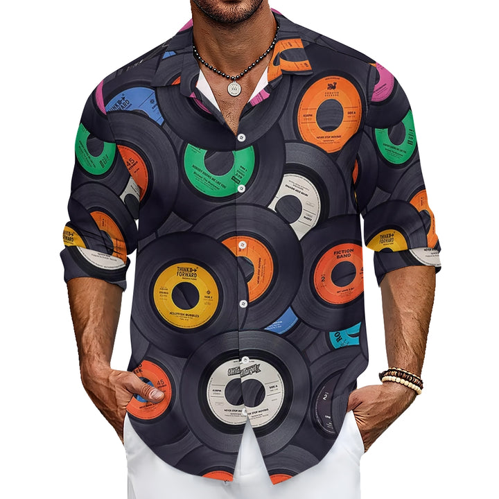 Men's Vinyl Records Casual Printed Long Sleeve Shirt 2402000112