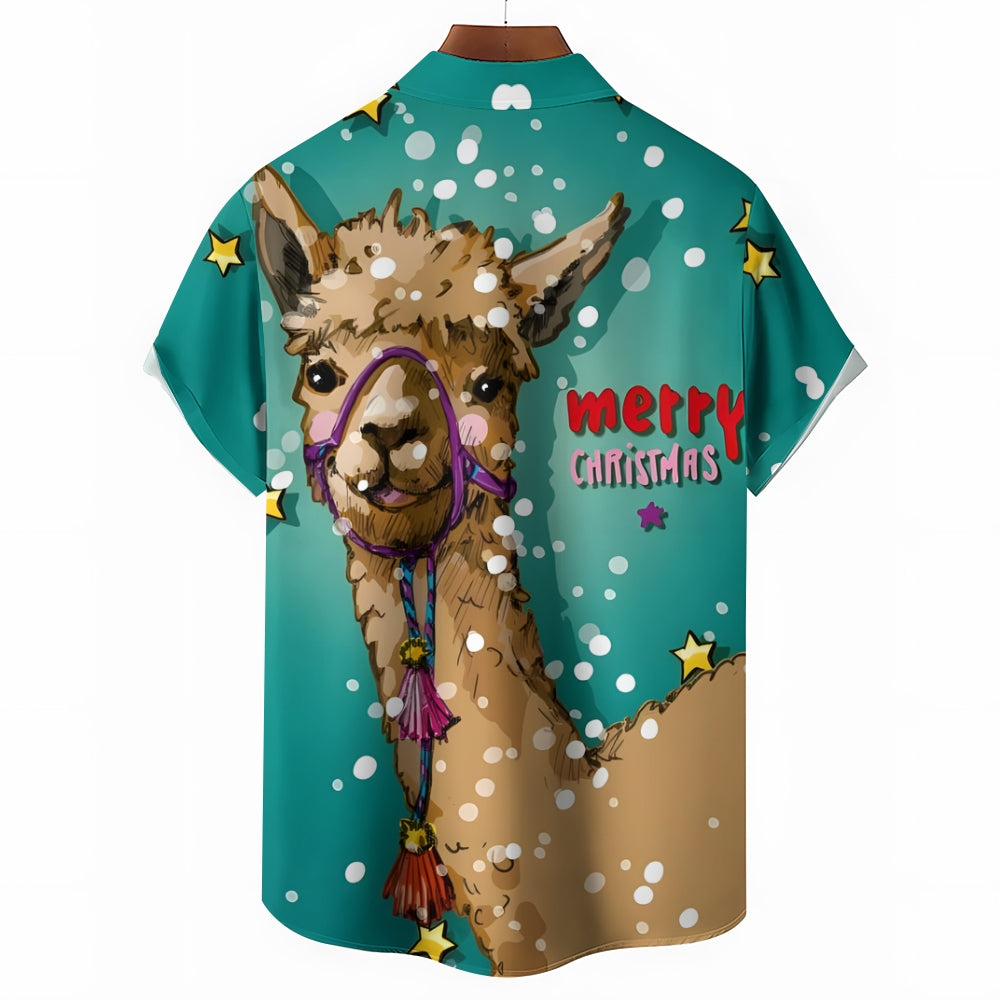 Men's Merry Christmas Alpaca Print Short Sleeve Shirt 2410006266