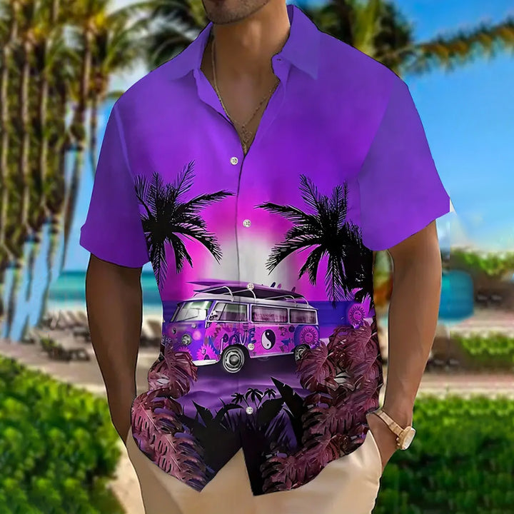 Sunset Coconut Tree And Bus Graphic Digital Print Shirt 2412003082