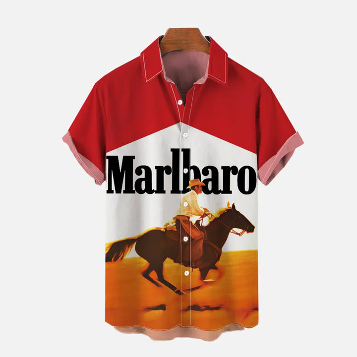 Retro Red Stitching Western Cowboy Riding Pattern Printing Short Sleeve Shirt