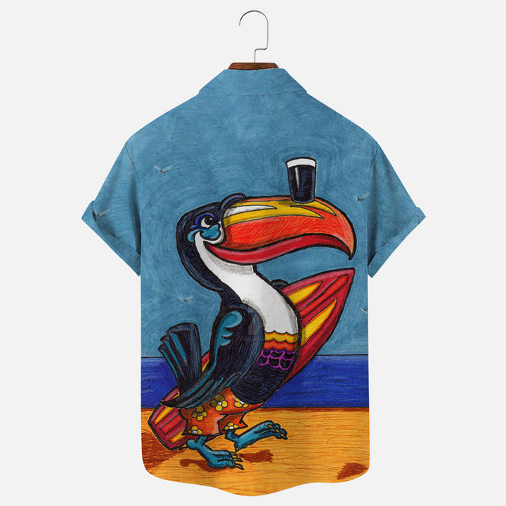 Men's Vintage Toucan Beach Surfboard Graphic Print Short Sleeve Shirt