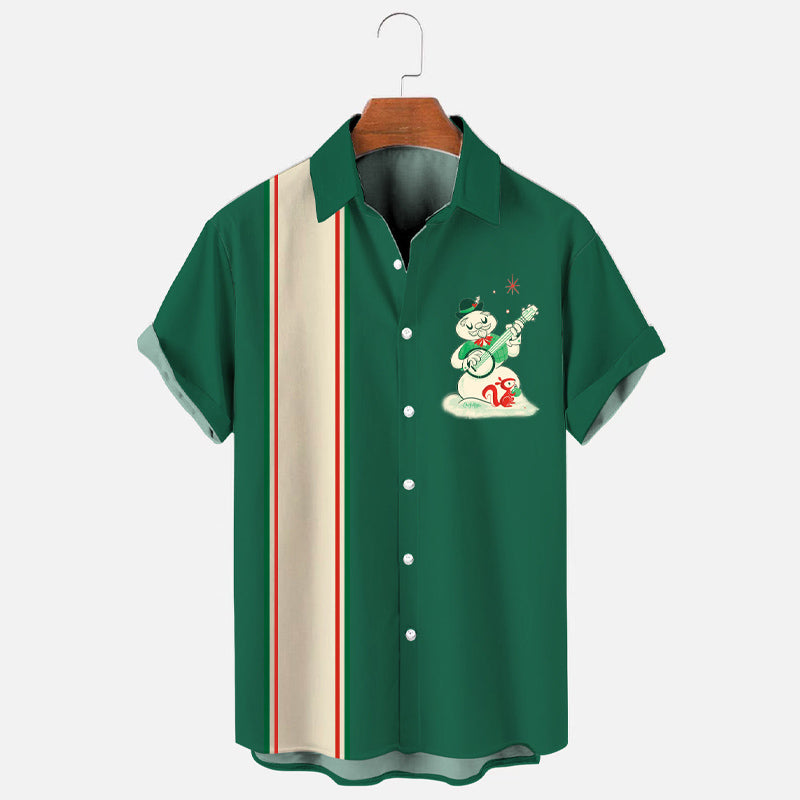 Men's Retro Christmas Cartoon Snowman Print Bowling Shirt