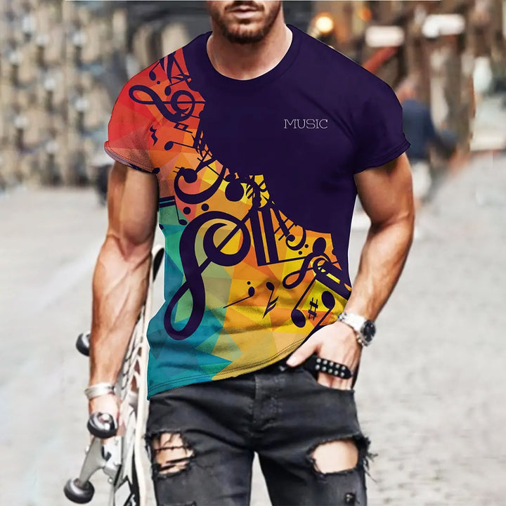 Mens 3D Musical Note Print Short Sleeve Crew Neck T-shirt