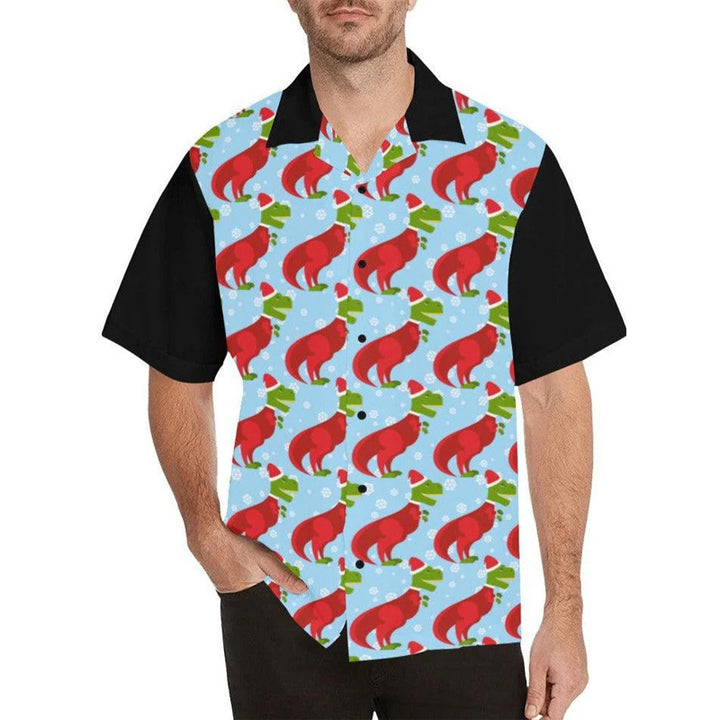 Men's Christmas hat dinosaur print short sleeve shirt