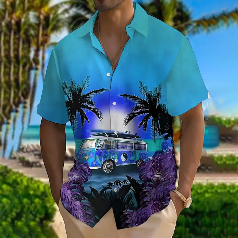 Sunset Coconut Tree And Bus Graphic Digital Print Shirt 2412003082