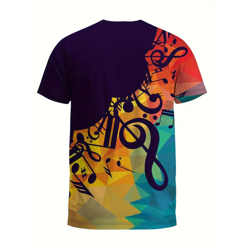 Mens 3D Musical Note Print Short Sleeve Crew Neck T-shirt