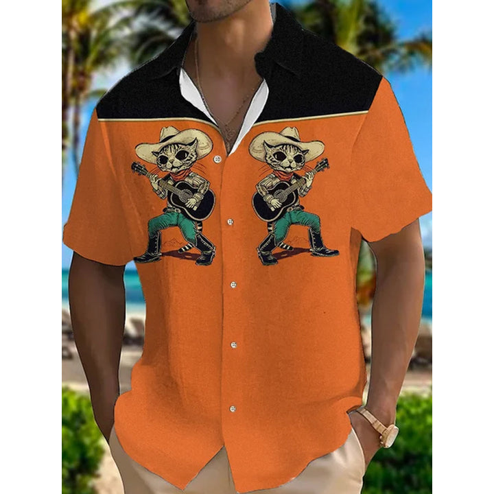 Men's Retro Western Music Cowcat Print Shirt 2406001290