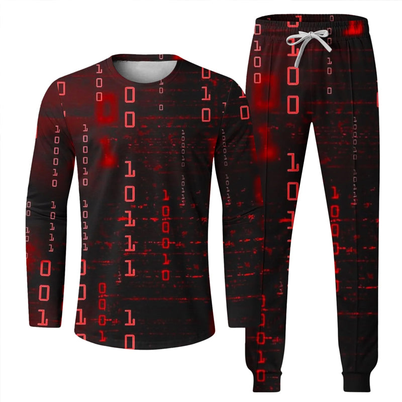 Men's Code Print Long Sleeve Shirts With Drawstring Long Pants Two Piece Outfit