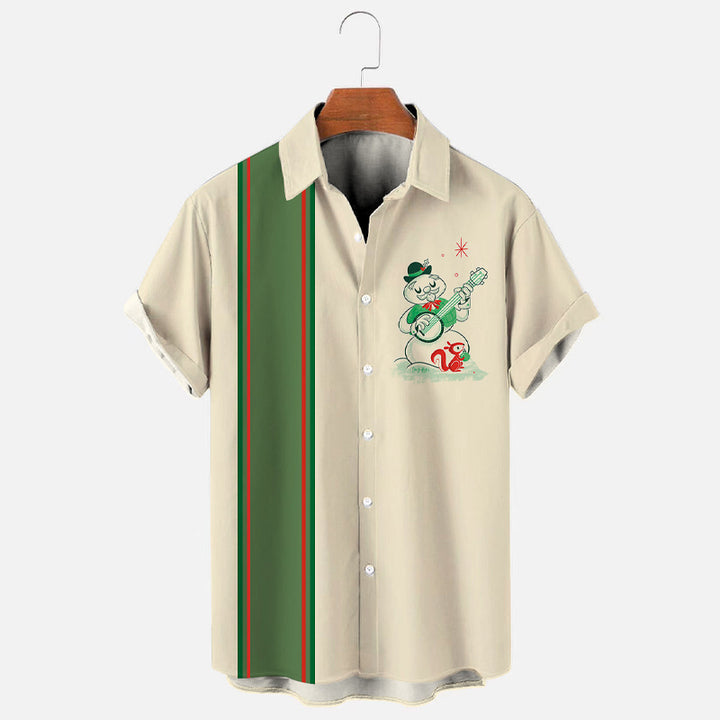 Men's Retro Christmas Cartoon Snowman Print Bowling Shirt