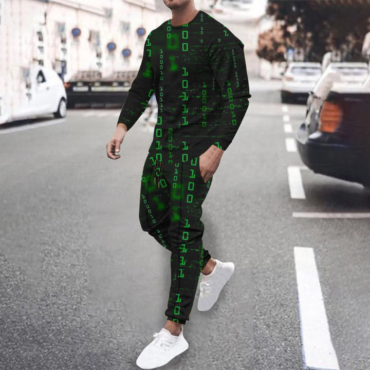 Men's Code Print Long Sleeve Shirts With Drawstring Long Pants Two Piece Outfit