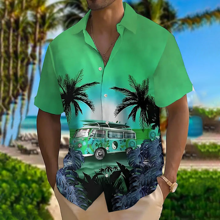 Sunset Coconut Tree And Bus Graphic Digital Print Shirt 2412003082