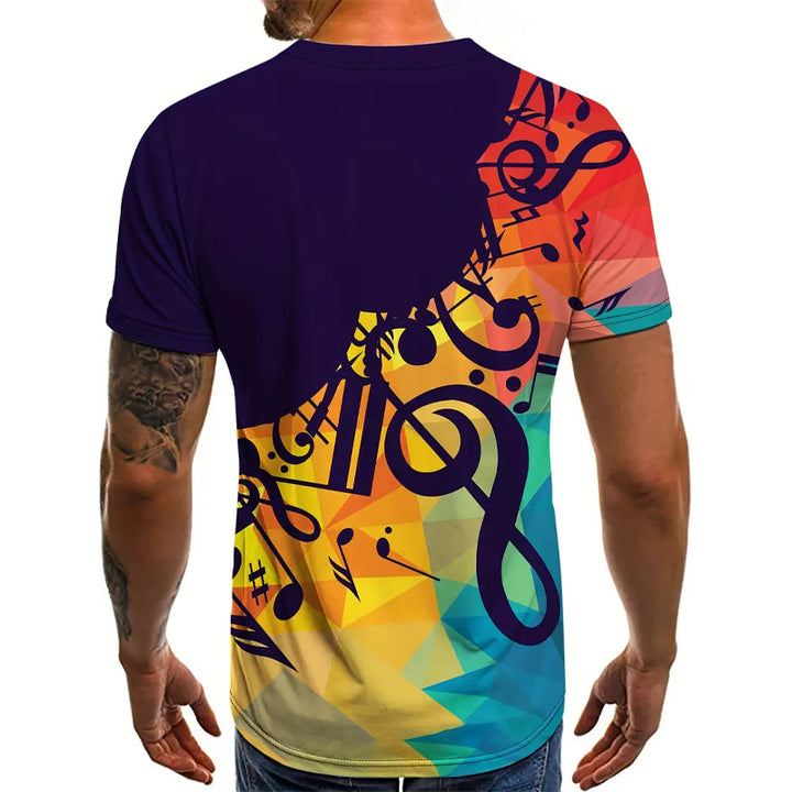 Mens 3D Musical Note Print Short Sleeve Crew Neck T-shirt