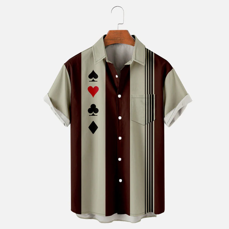 Men's Classic Stripe Poker Bowling Simple Short Sleeve Shirt