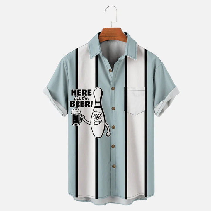 Men's Funny Here for the Beer Striped Bowling Short Sleeve Shirt