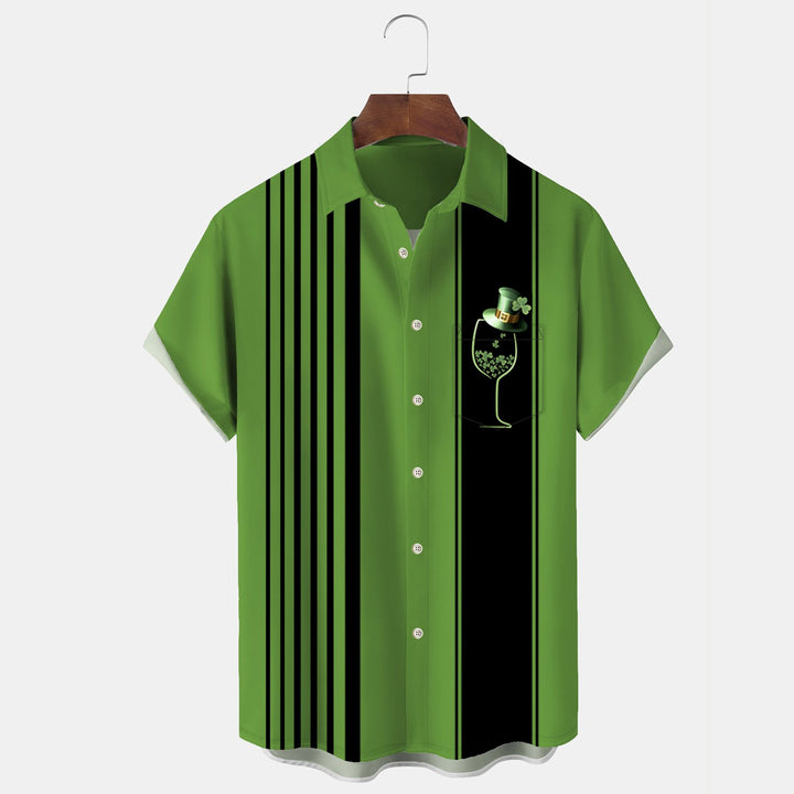 St. Patrick's Day Bowling Shamrock Wine Glass Print Short Sleeve Shirt