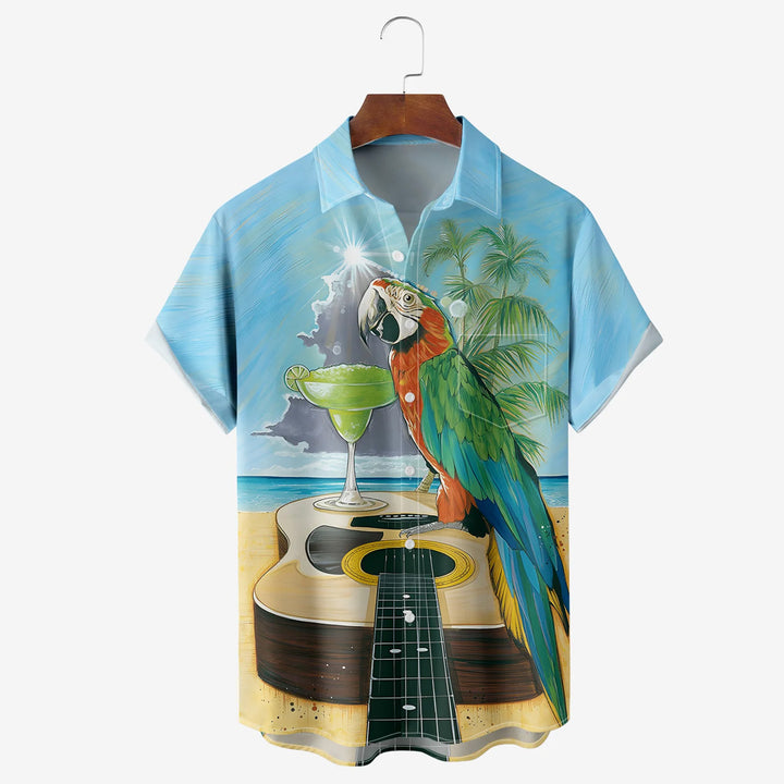 Men's Beach Cocktail Parrot Guitar Hawaiian Short Sleeve Shirt