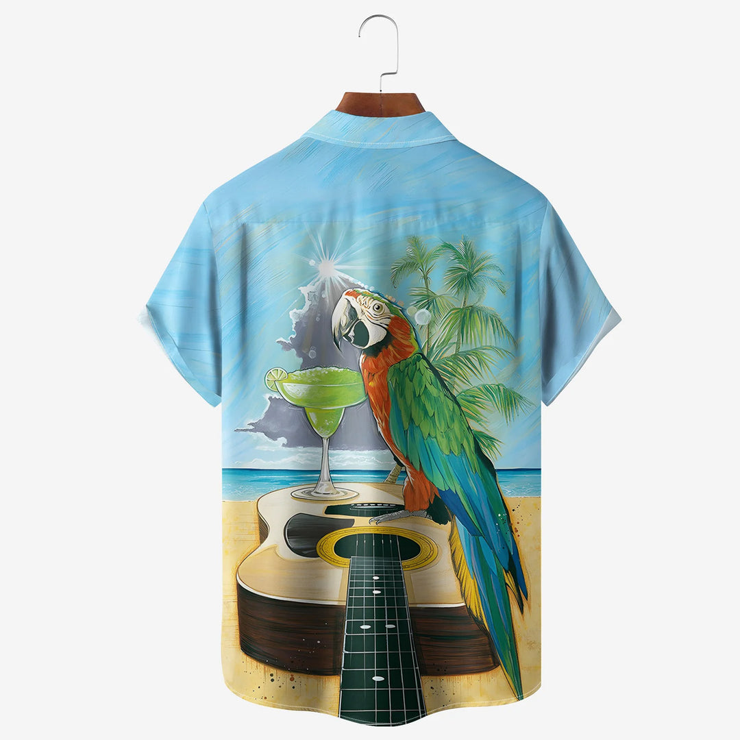 Men's Beach Cocktail Parrot Guitar Hawaiian Short Sleeve Shirt