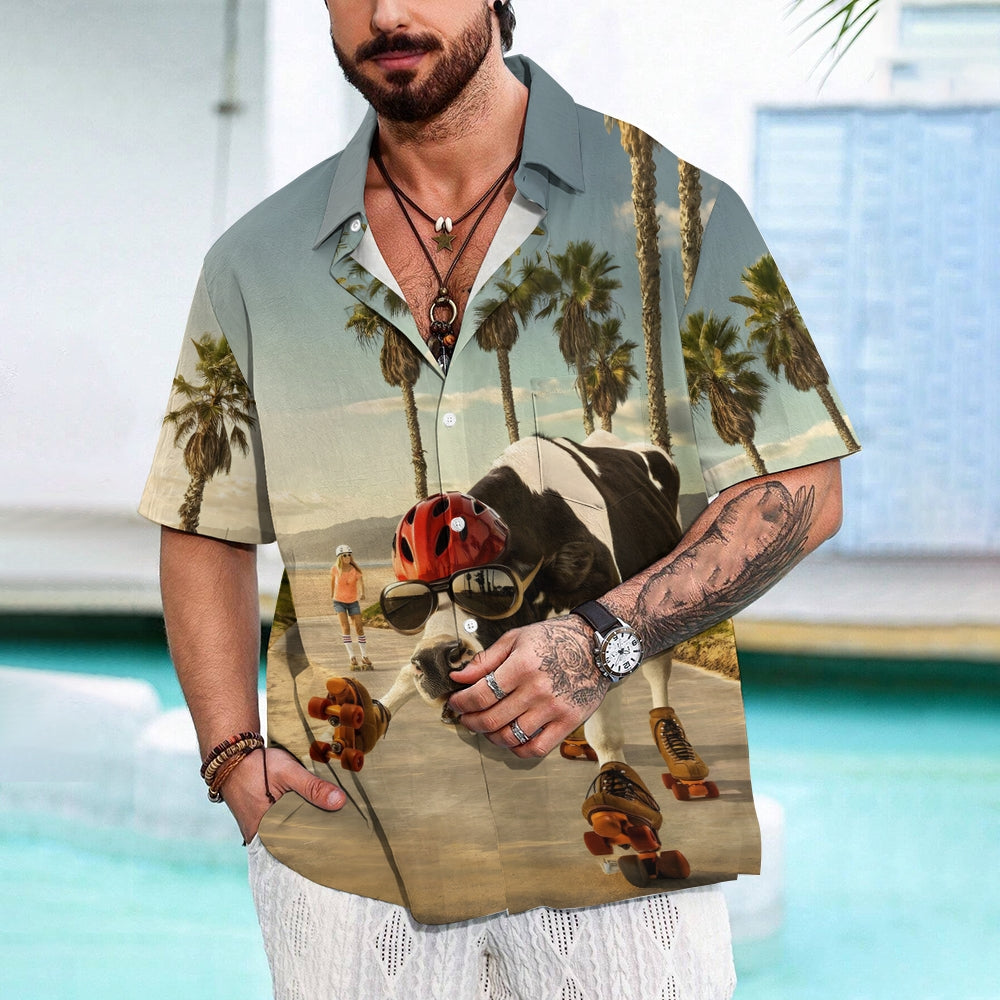 Men's Fun Roller Skating Cow Print Short Sleeve Shirt 2412009510