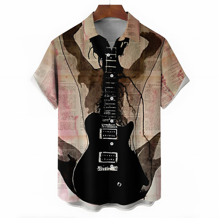 Guitar Girl Art Print Casual Large Size Short Sleeve Shirt 2407001176