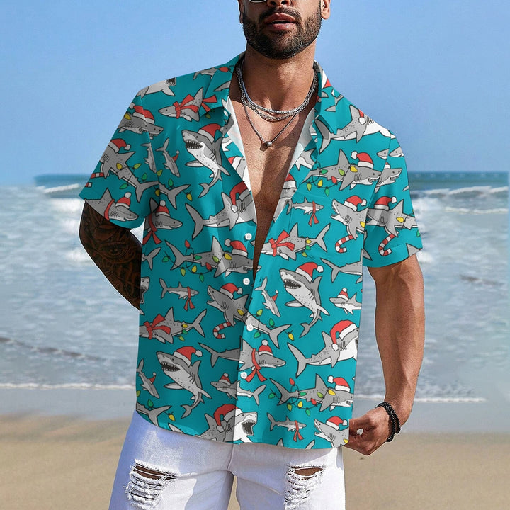 Christmas Shark Print Casual Oversized Short Sleeve Shirt 2407005541