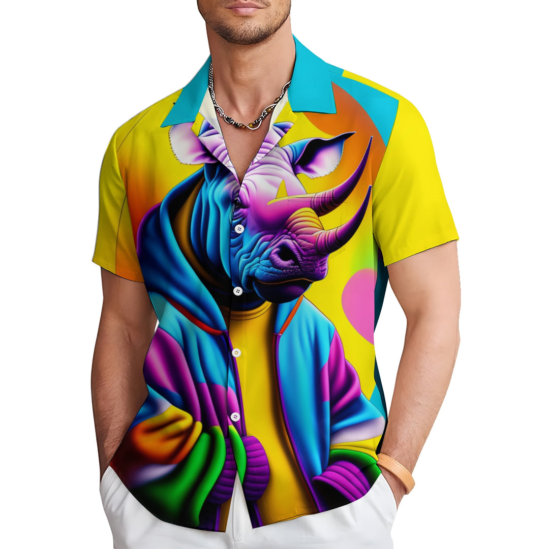 Men's Fashion Rhino Animal Short Sleeve Hawaiian Shirt 2306101370