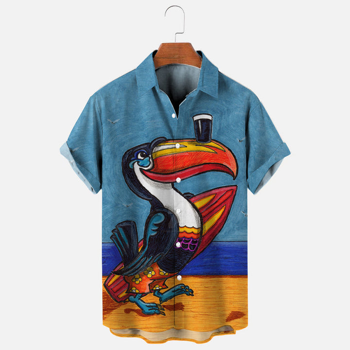 Men's Vintage Toucan Beach Surfboard Graphic Print Short Sleeve Shirt