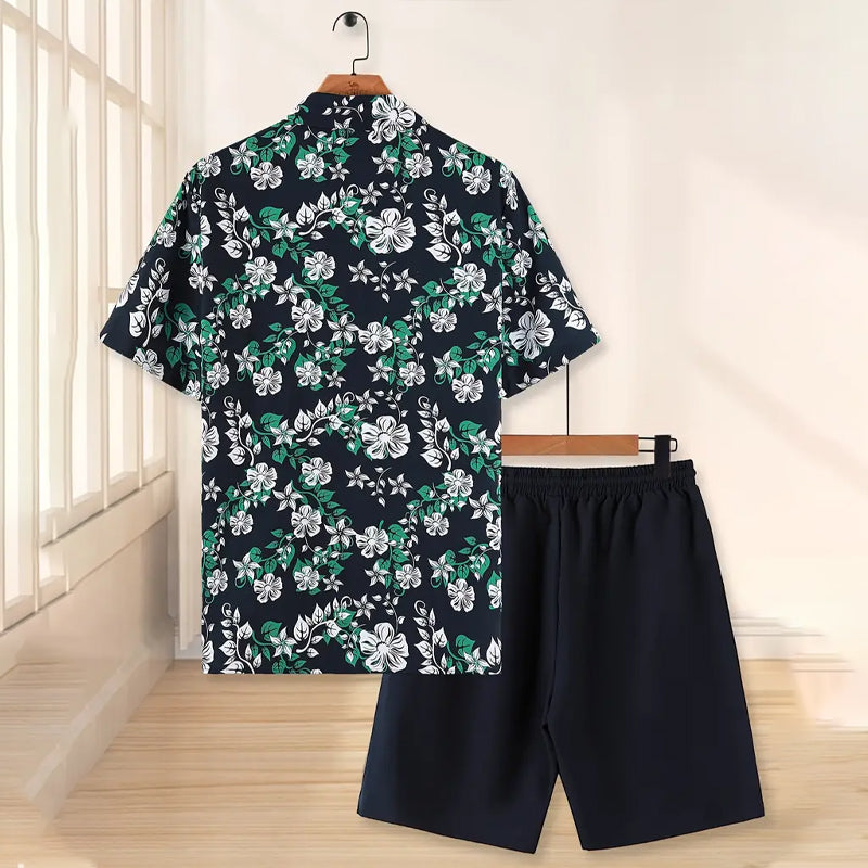Men's Leaves Graphic Print Short Sleeve Lapel Shirt & Solid Drawstring Shorts Set