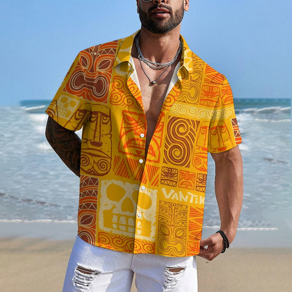 Men's Yellow TIKI Art Print Short Sleeve Shirt 2412006510